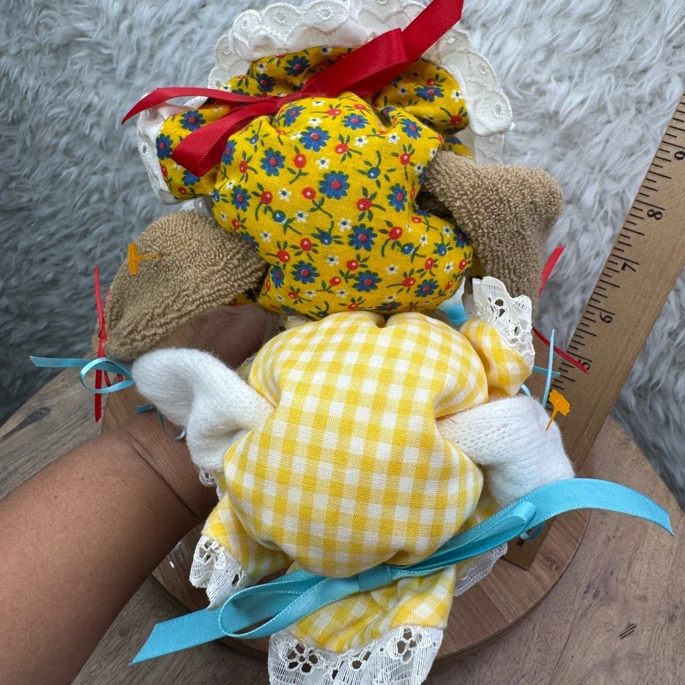 Easter Bunny Sock Dolls Handmade Spring Decor Set of‎ 2 Yellow Gingham Polka Dot
